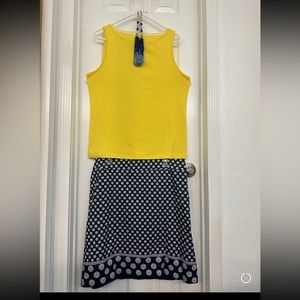 NWOT Talbots bundle yellow sleeveless top blue print skirt blue beaded necklace